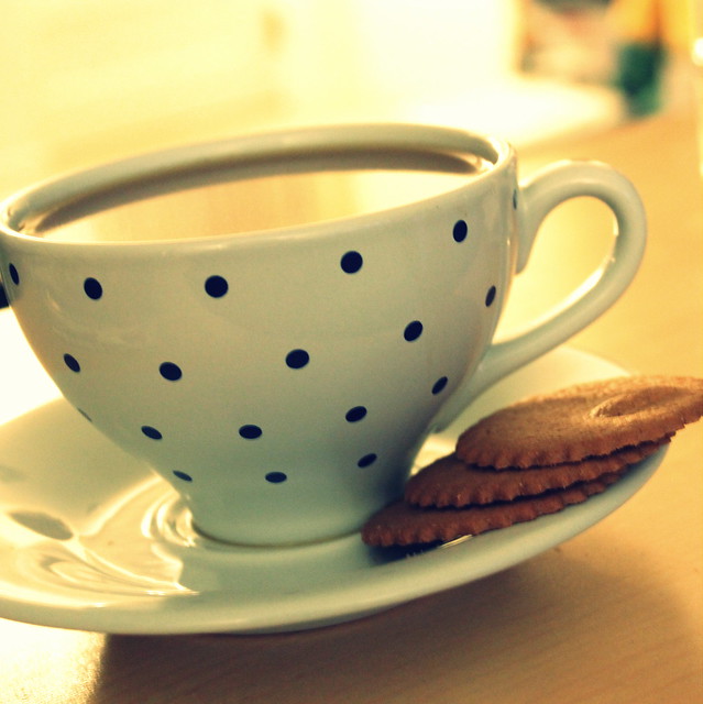 Monday night: Flavored coffee in a polka dot cup? Yes, please.