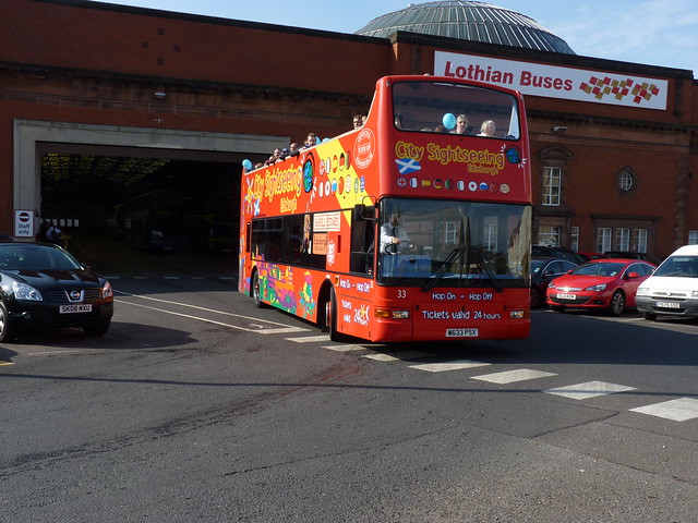 Lothian Dennis Trident Plaxton President W633PSX 33 in City Sightseeing livery at Doors Open Day 28 September 2013 at Central garage.