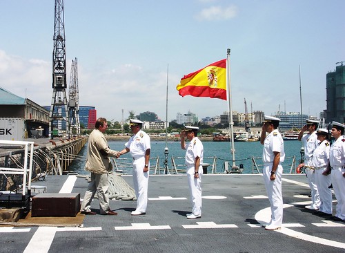The EU Naval Force Operation Commander, Rear Admiral Tarrant, is welcomed on board the Flaghip ESPS Méndez Núnez by the EU NAVFOR Force Commander, Rear Admiral García de Paredes - Jan 13