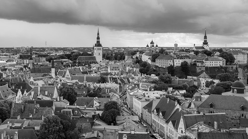 tallinn estonia europe northerneurope sony a7rii ilce7rm2 alpha mirrorless 1635mm sonyzeiss zeiss variotessar fullframe mcquaidephotography adobe photoshop lightroom tripod manfrotto light outdoor outside building city capitalcity oldtown architecture timeless medieval historic history unesco worldheritagesite blackandwhite bw blackwhite mono monochrome elevated aerial above tower view cityscape 169 widescreen panoramic