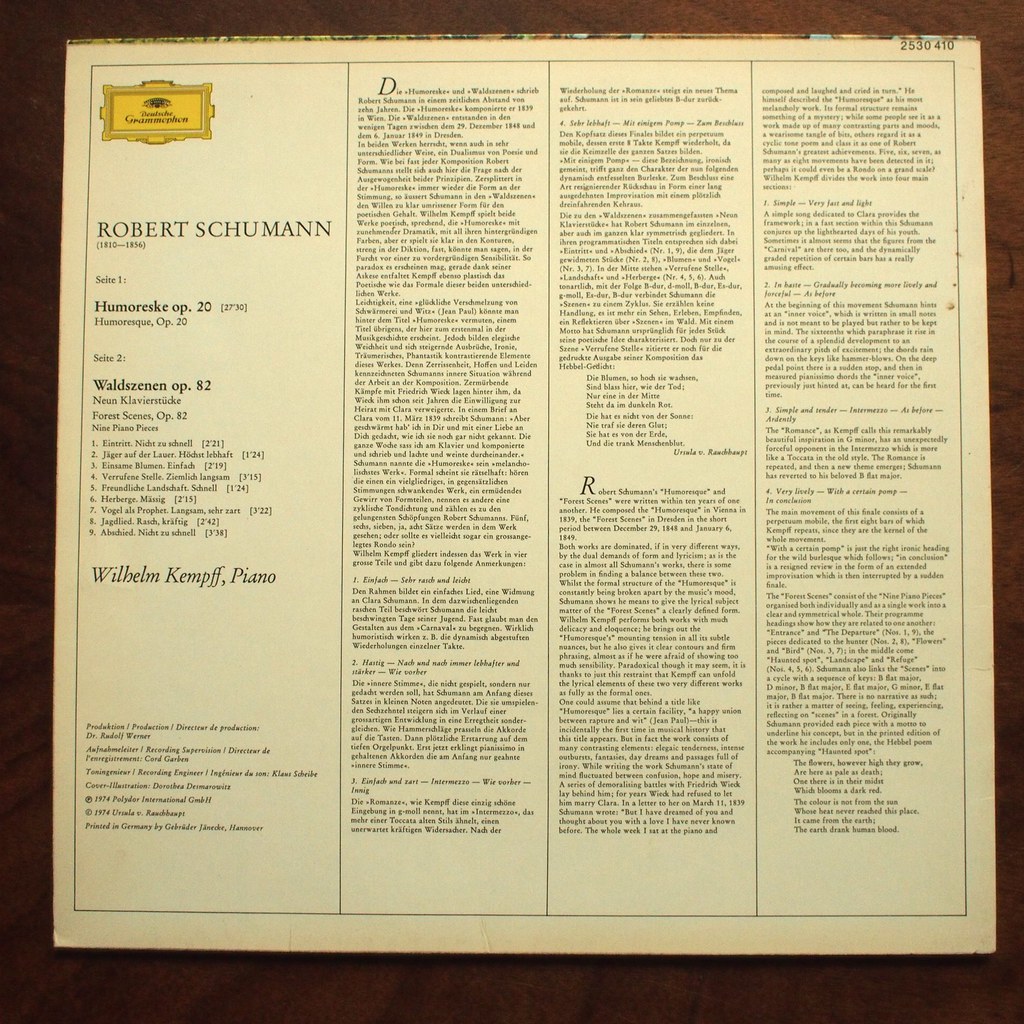 Backside Schumann - Humoreske op.20 & Waldszenen (9 Piano Pieces) op.82- Wilhelm Kempff Piano, DGG 2530 410, 1974