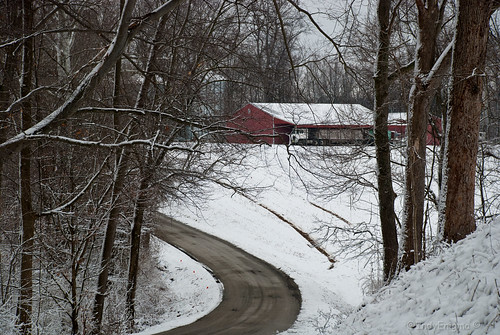 road trees winter red snow building landscape farm