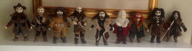 The Hobbit Dwarves,Nori,Fili,Bofur,Dwalin, Thorin,Balin bombur,bifur,Kili.   Knitted dolls my #copyright photo and knitted designs