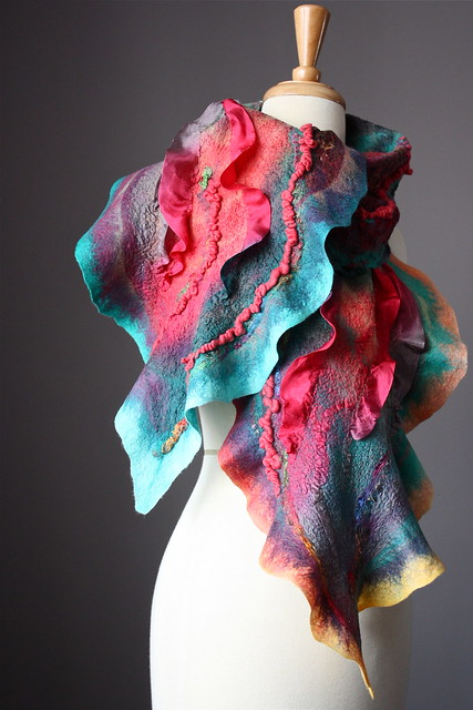 Abstract Felted scarf wool silk Green Rose collage