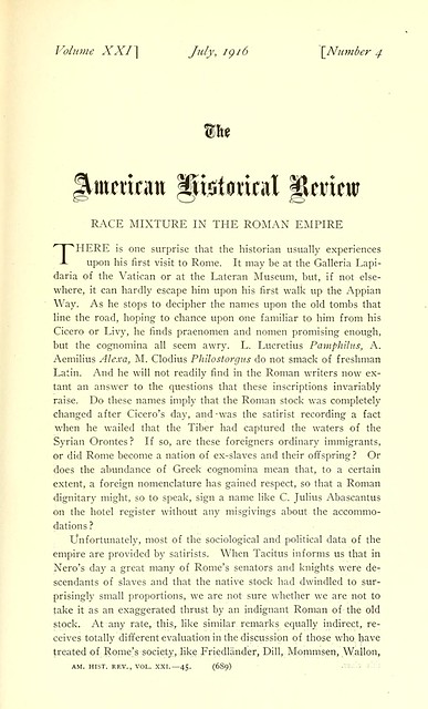 The American Historical Review 1915- 1916 page 689. Race mixture in the Roman Empire. Tenney Frank