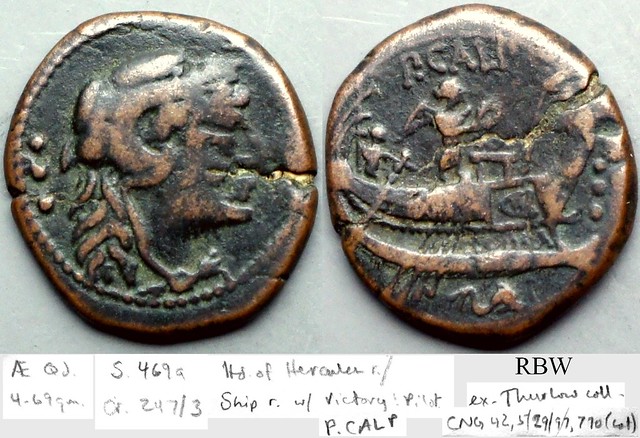 247/3 Calpurnia Quadrans. P.CALP Hercules, Ship, Victory stands above, pilot at left, dolphin below, ROMA on side of ship. AM#1350-47, 4g69