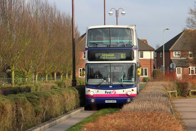 AU53 HKD, First (Norfolk & Suffolk) 32486, Transbus bodied Volvo, Kesgrave Guided Busway, 28th. February 2013.