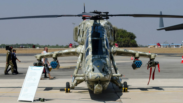 Head on view of the HAL Light Combat Helicopter (ZP-4602) of the IAF on static display