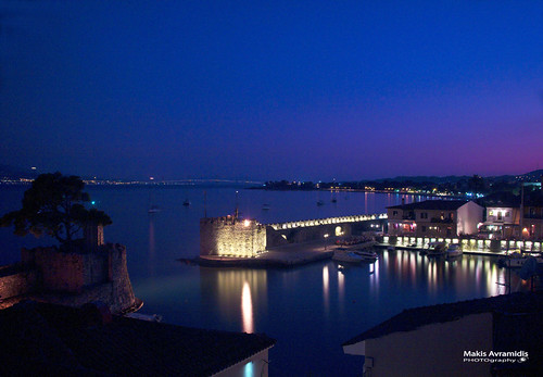 Navpaktos by iakxos, peloponnese navpaktos port sea lights castle water sunset sun night sky boat dusk bay