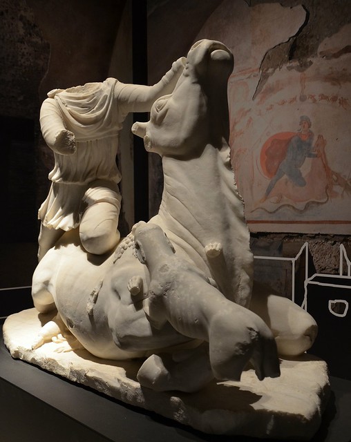 Roman sculptural group of Mithras slaying the bull recovered by the Carabinieri art theft squad in a van in Fiumicino in 2014, the sculpture dates from the 3rd century AD, from Tarquinia