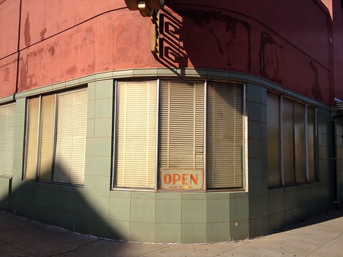 street city shadow red urban building green window sign corner tile landscape restaurant closed downtown cityscape afternoon open view chinese style business sidewalk faded round shutters blinds venetian deco rounded stockton