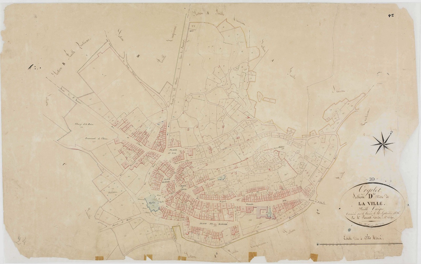 Plan cadastral d'Orgelet, section D, la Ville, feuille unique. Géomètre Parent. 1826
