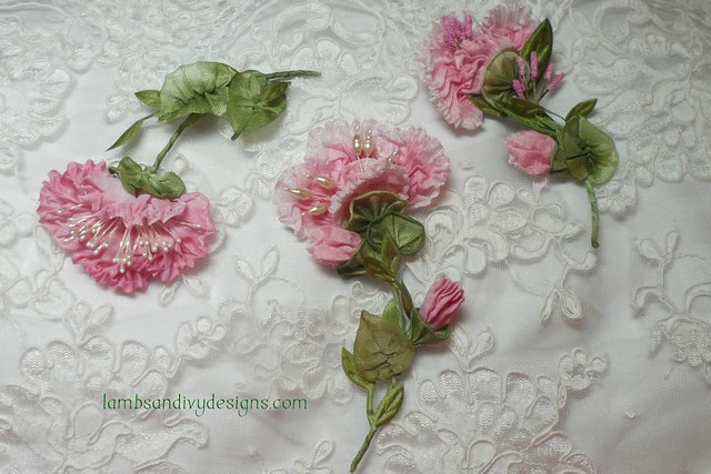 Trio of French Ribbonwork Flowers