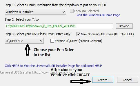 Choose your pen drive and click create