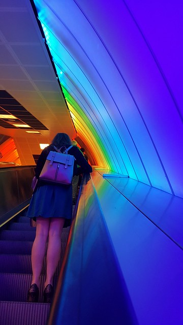 Going up the colorful escalator...