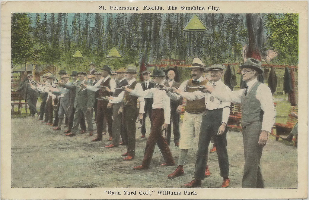 US FL St Petersburg FL GUN GALORE c.1920s Happy Gents play a game of BARNYARD GOLF Downtown in St Petersburg at Williams Park SHOOTING SPORTS RARE FLORIDA View