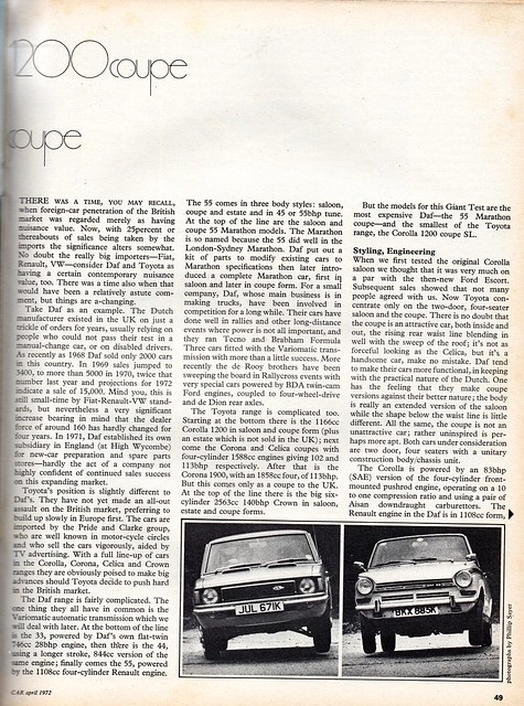 Daf 55 Marathon Coupe & Toyota Corolla 1200 Coupe SL Twin Road Test 1972 (2)
