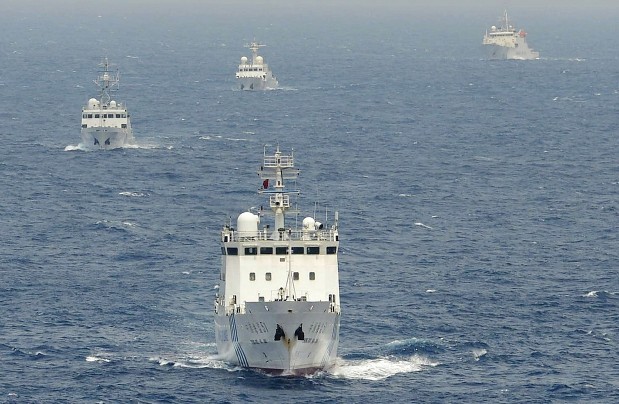 Chinese surveillance ships sail in formation in waters claimed by Japan near disputed islands called Senkaku in Japan and Diaoyu in China in the East China Sea on April 23.