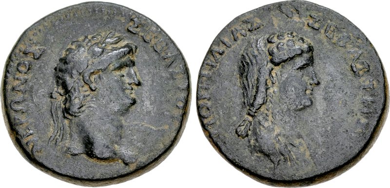 GALATIA, Koinon of Galatia. Nero, with Poppaea. AD 54-68. Æ (25mm, 10.39 g, 1h). Tavium(?) mint. Struck AD 62-65. Laureate head of Nero right / Draped bust of Poppaea right. RPC I 3562; Arslan 5; SNG France 2400.