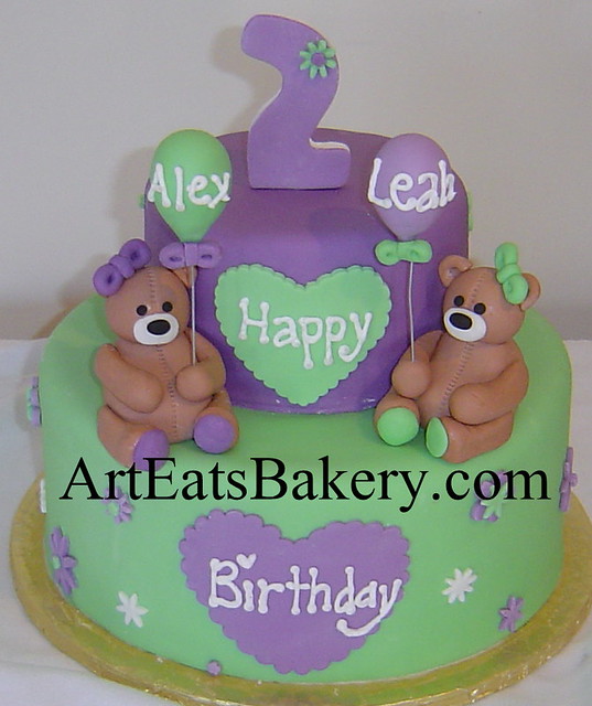 Two tier purple and green fondant unique twin girl's 2nd birthday cake with 3D bears, hearts, flowers, balloons 2 topper