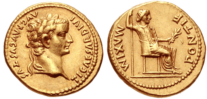 Tiberius. AD 14-37. AV Aureus (19mm, 7.70 g, 3h). “Tribute Penny” type. Lugdunum (Lyon) mint. Group 1, AD 15-18. TI CΛESΛR DIVI ΛVG F ΛVGVSTVS, laureate head right / PONTIF MΛXIM, Livia (as Pax) seated right on chair, holding scepter in right hand and oli
