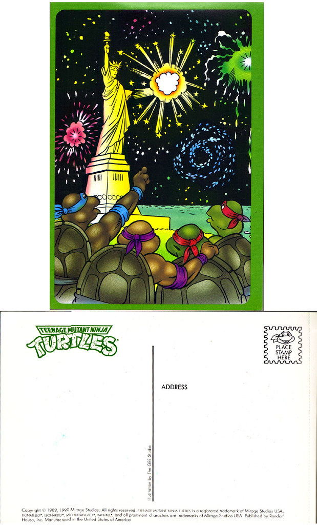 Random House:: Teenage Mutant Ninja Turtles - "GREETINGS FROM THE SEWER" POSTCARD BOOK  ; 'New York Harbor Fireworks' ..art by Gill Fox (( 1990 )) by tOkKa
