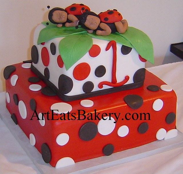 Two tier square black, white and red fondant ladybug twin girl's unique 1st  birthday cake