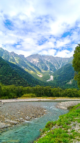kamikochi hotakamountainrange kappabashi alps japan mountain valley river green sky nature tree grass landscape forest water wood cloud