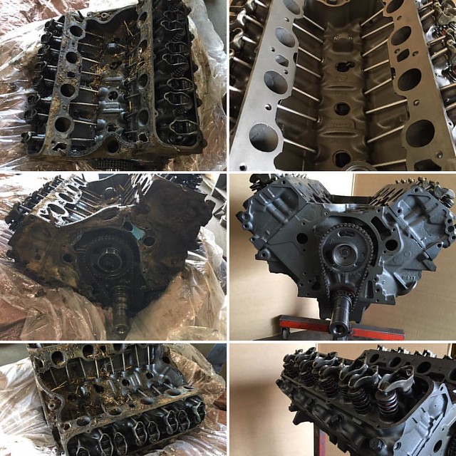 Before and after pictures of a heavy duty grain truck engine. #ragstoriches #bringitback #rebuiltengine #machineshop #bre #barnettesengines