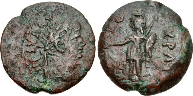 EGYPT, Alexandria. Nero. AD 54-68. Æ Obol (20mm, 4.02 g, 12h). Dated RY 8 (AD 61/2). Laureate head right / Roma standing left, holding phiale, spear, and shield; LH (date) to lower left. RPC 5263; Köln 149; Dattari 278-9; K&G 14.67.