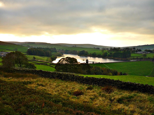 Lower Laithe Reservoir (with the village of Stanbury in the distance), Haworth, Yorkshire, England