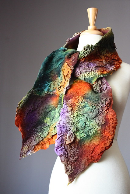 Nuno Felted scarf Wool silk whimsical Orange Green Purple Brown textured nunofelting by VitalTemptation