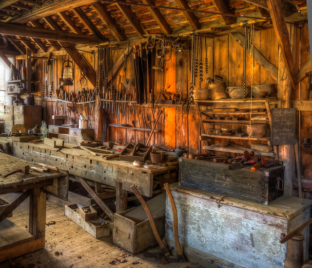 A late 19th century carpenter's workshop with its original tools. Now in the Weald and Downland Museum.