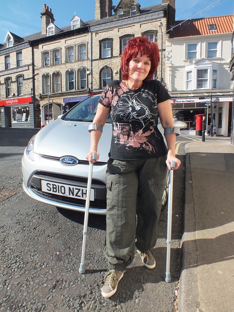 Bo on her crutches in Whitby.