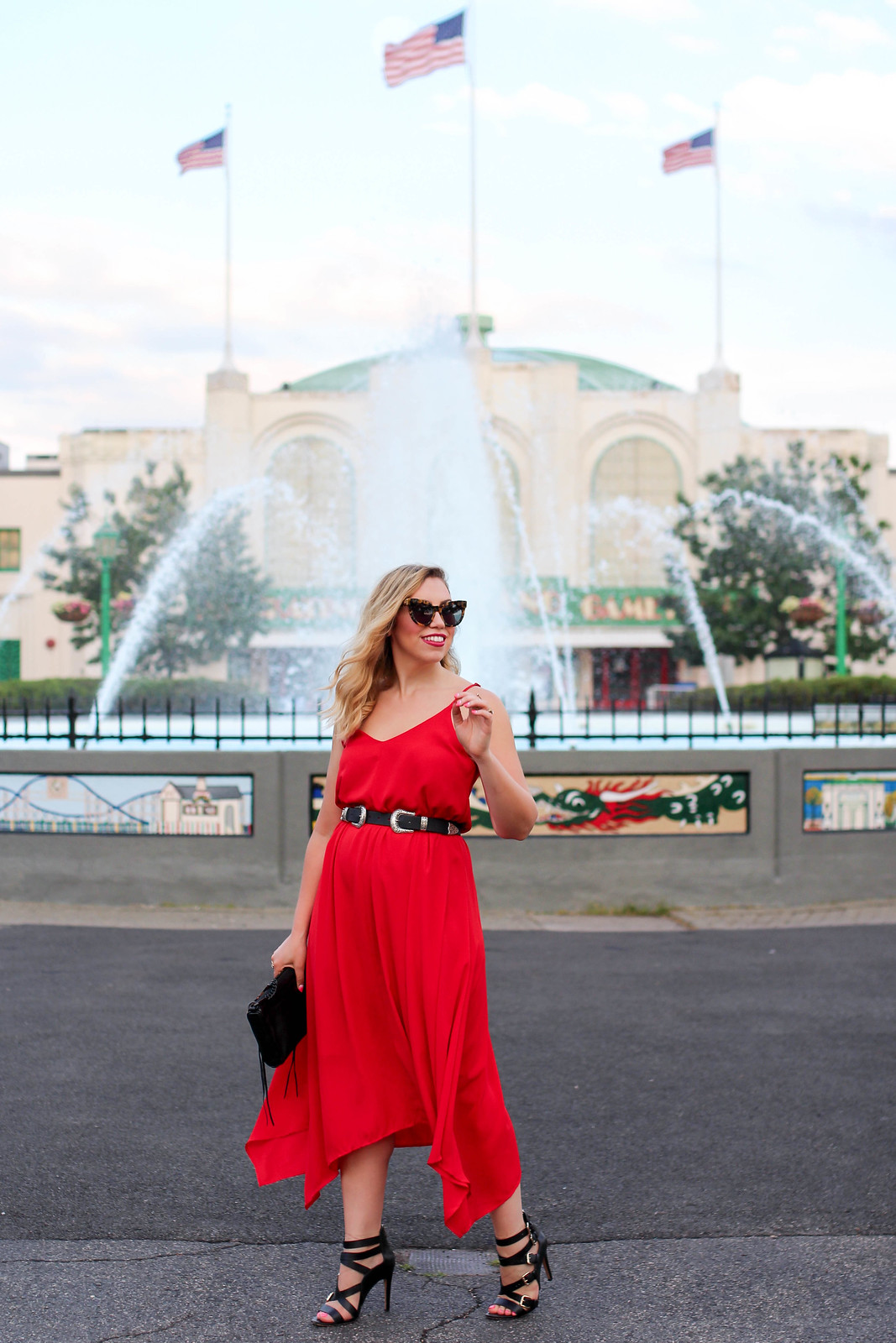 Lulu's Red Mini Dress ASOS Double Buckle Western Belt Black Strappy Sandals Summer Edgy Style Playland Rye Westchester New York Living After Midnite Jackie Giardina Blogger