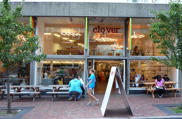 Across from the Hasty Pudding Club is Clover (food lab)