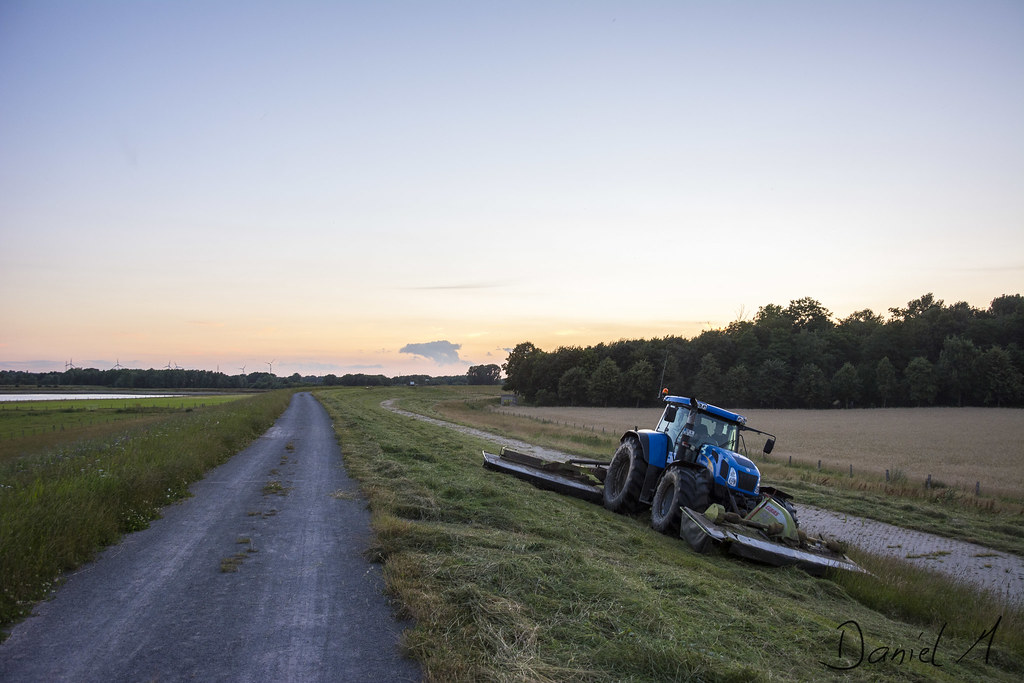 New Holland and Claas mowing after the sunset