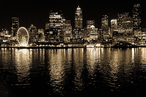 seattle blackandwhite bw water ferry night canon buildings reflections eos lights pier cityscape bright ferriswheel watefront cityline 60d tgam:photodesk=reflection2013