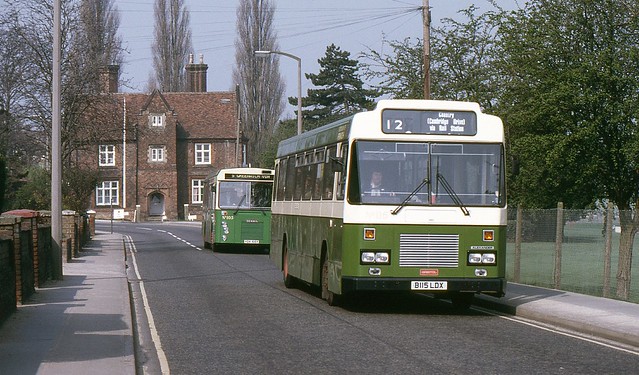 B115 LDX & YDX 105Y, Ipswich Bristol B21 115 & Dennis Falcon 105, Gippeswyk Avenue, Ipswich, 1985.