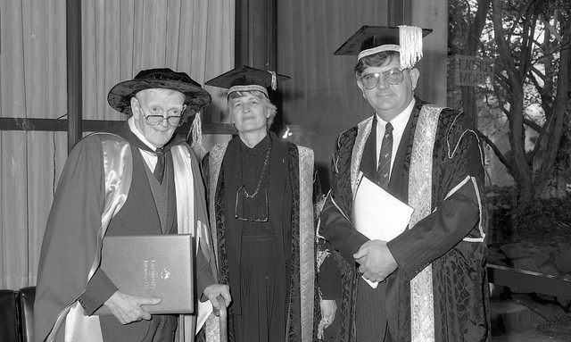 Graduation Ceremony - Dr Colin Glass (Honorary Degree recipient) with Chancellor Elizabeth Evatt and Vice-Chancellor Professor Raoul Mortley, the University of Newcastle, Australia - 1 May, 1993