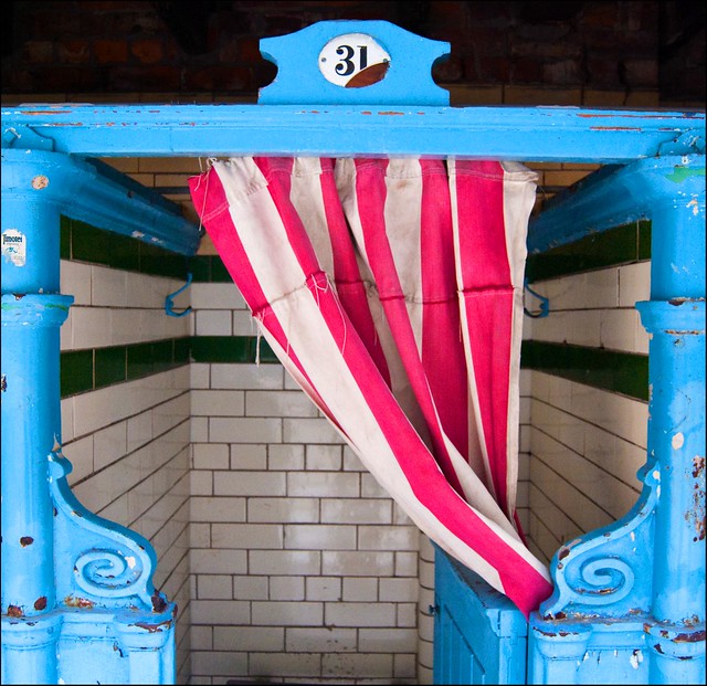 Victoria Baths, Manchester - changing cubicle - red, white and blue (and green!)