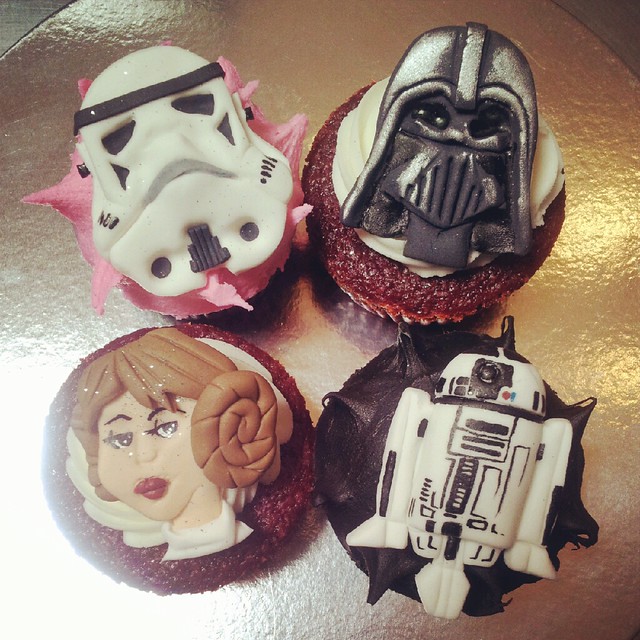 Wicked Chocolate & Red Velvet cupcakes decorated with 2D fondant Star Wars characters - Princess Leia, Stormtrooper, Darth Vader, R2D2