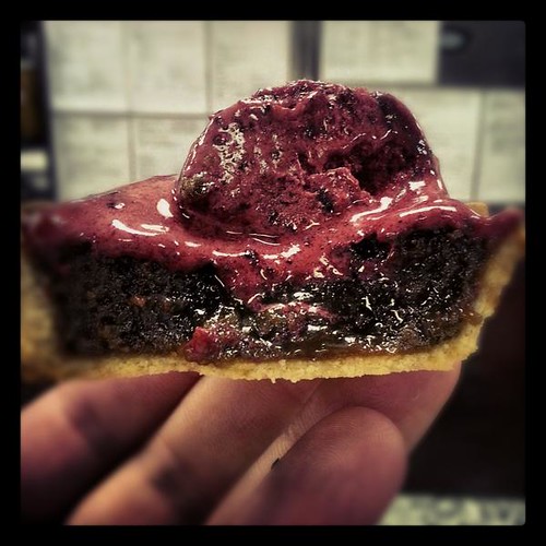 Black treacle tart with homemade blackberry sorbet