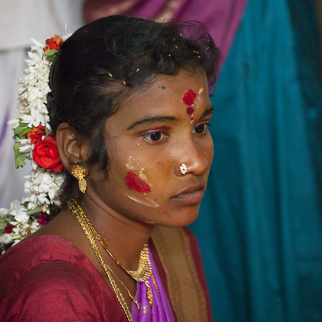 Young Bride With Traditional Painting On Her Forehead Jewels And A Flower Garland On Her Hairs During The Wedding, Trichy, India