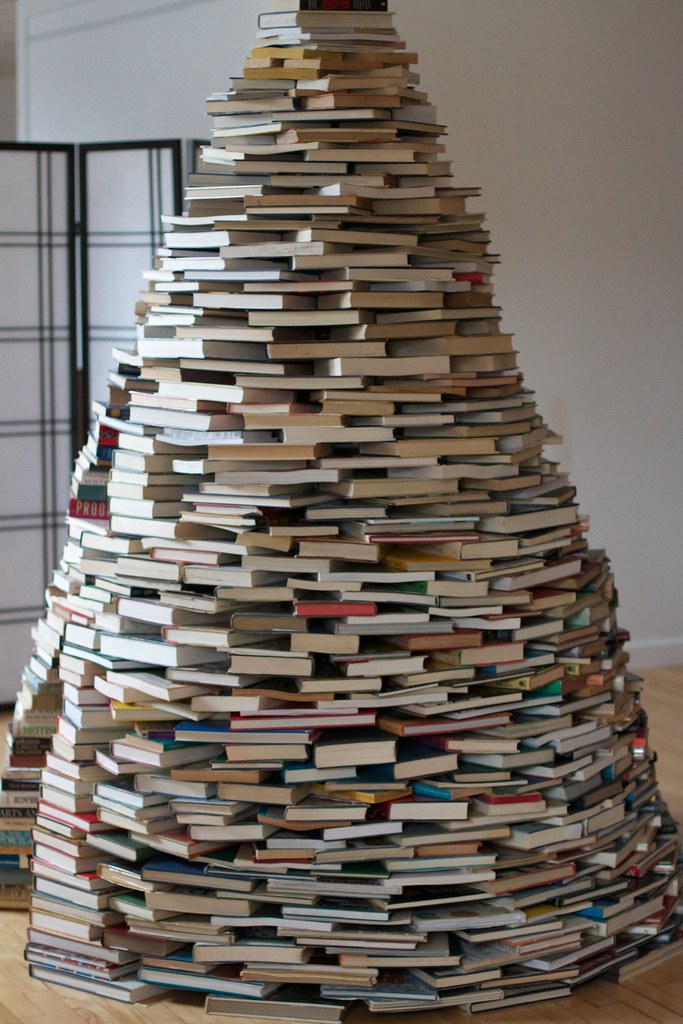 Photograph of a tower of books