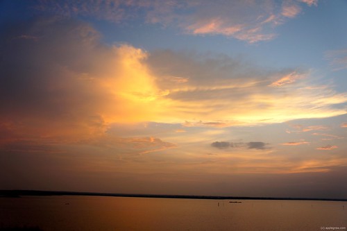 sunset lake clouds scenery dusk dam