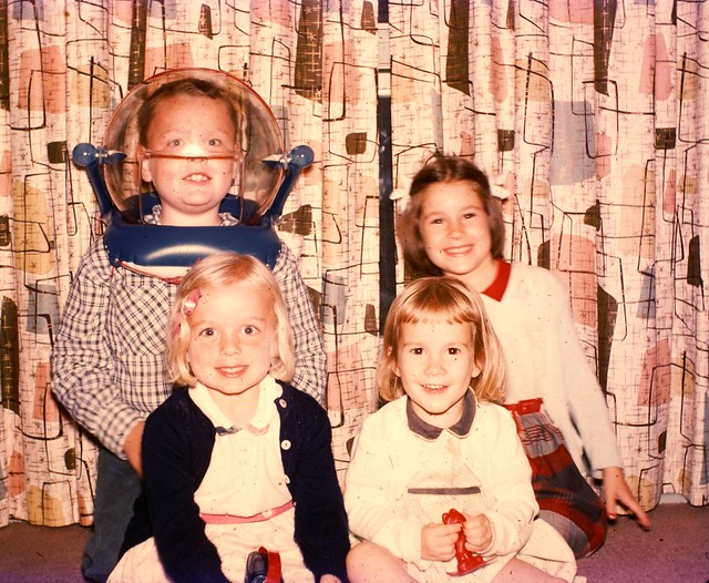 Family Photo - kid with Space Patrol Commander helmet - 1950's Color Slide