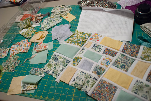 I have no idea why this quilt is going to be named Hopscotch. I just woke up one morning and, well, that's what its name was.

(Pattern will be a variant on the 'Mod Mosaic' quilt pattern. Yes, that sheet has my master plan.)

Full story is at domesticat.net/quilts/hopscotch