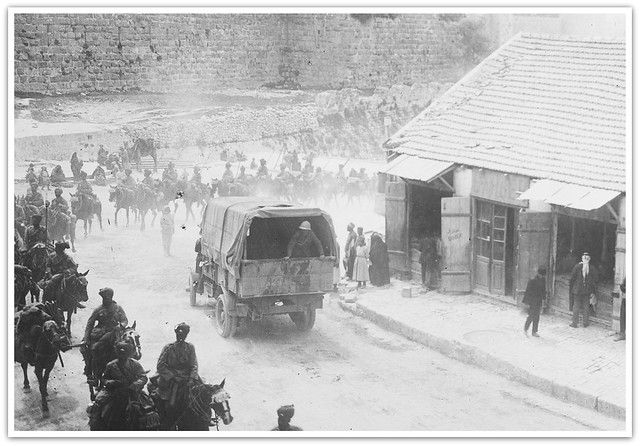 Lancers outside Jaffa Gate and British Army lorry, Jerusalem, Palestine - circa World War One ?