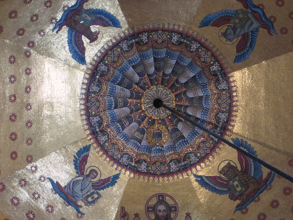 Mosaïque néo-byzantine (XIXe) de la coupole, Chapelle palatine (VIIIe siècle), cathédrale, Aix-la-Chapelle, Rhénanie du Nord-Westphalie, Allemagne.